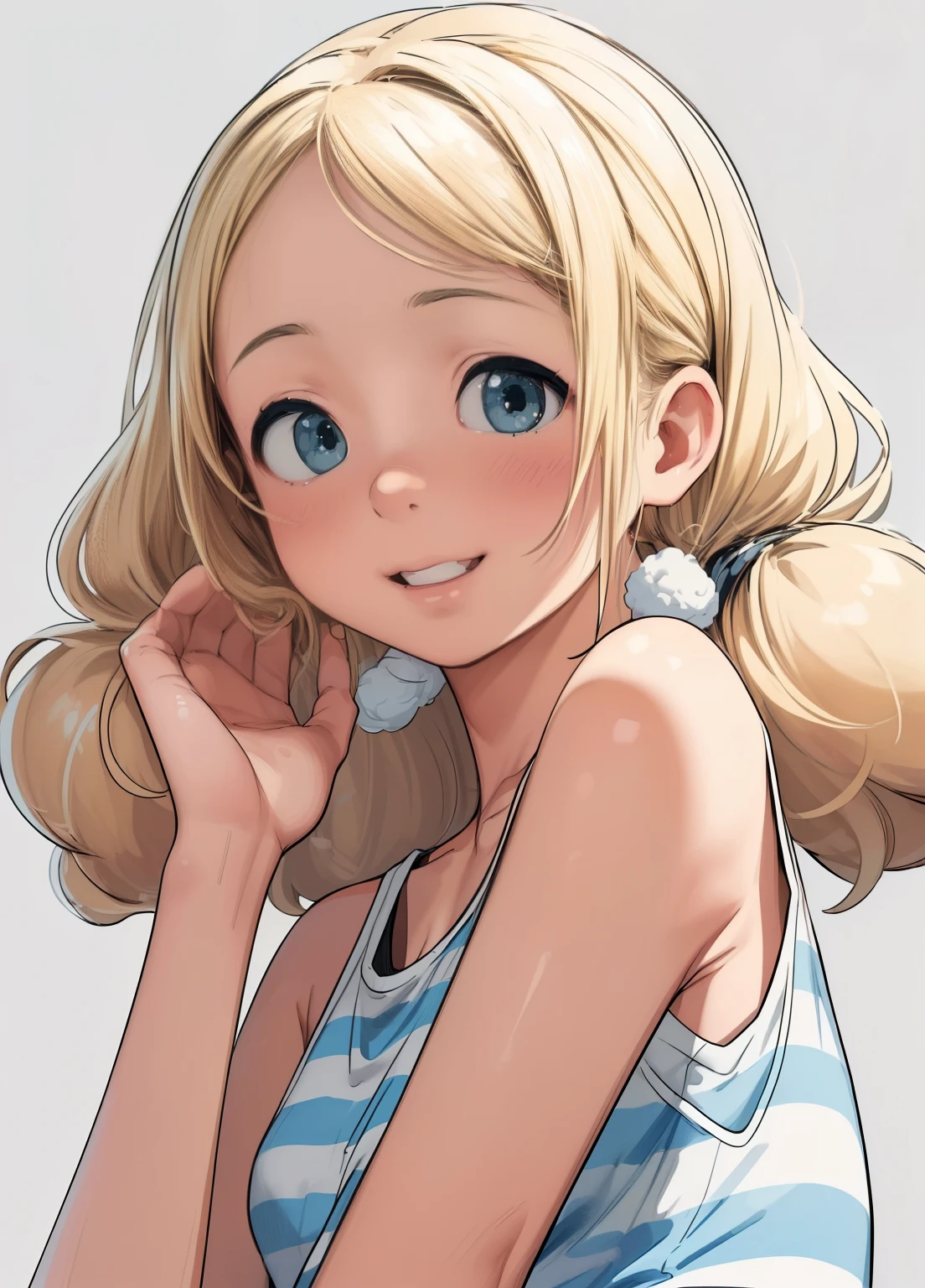 (masterpiece、Highest quality、Highest quality、Official Art、Beautiful and beautiful:1.2)、(One girl:1.3)Hatsune Miku、Twin tails,Beautiful breasts,(Highest quality、8K、32k、masterpiece)、(Realistic)、(Realistic:1.2)、(High resolution)、Very detailed、Very beautiful face and eyes、1 Girl、Round and small face、Tight waist、Delicate body、(close、Highest quality、Attention to detail、Rich skin detail)、(Highest quality、8K、Oil paint:1.2)、(Realistic、Realistic:1.37)、Bright colors、(((blonde)))、(((Bust Shot)))、(((Medium Hair)))、(((Loose and fluffy perm)))、(((White wall background)))、(((Please touch your lips with your left hand.)))、(((Laughter)))、(((blonde)))、(((Striped tank top)))、(((Blue and black tank top)))