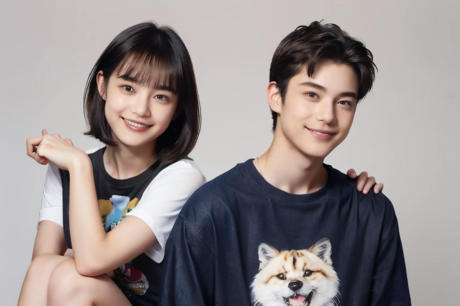 250 (An 18-year-old female and an 18-year-old male), (short hair),kind, lipstick, (jeans), (Animal characterＴshirt), smile