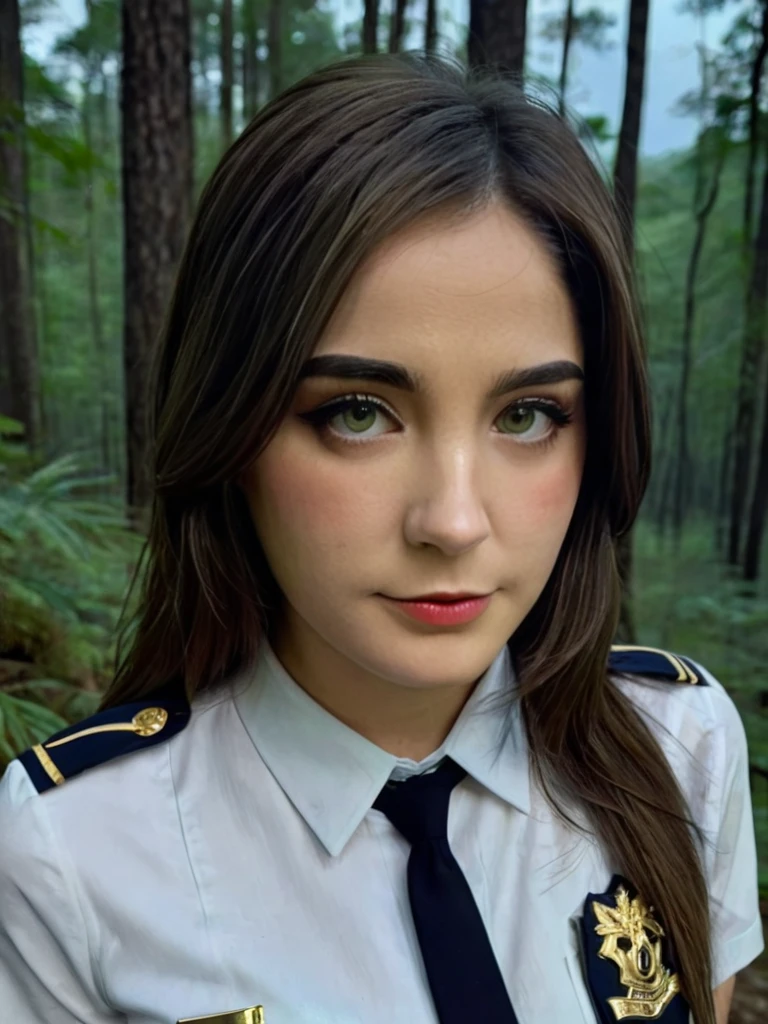 a beautiful picture of st4ryuukiXL, detailed skin texture,masterpiece, photorealistic, woman, 4k, light, RAW color photo,(fully in frame:1.1), (goosebumps:0.5),brunette, detailed face,wearing a uniform,night,forest,subtle smile,high contrast, full body, leaning over looking at camera