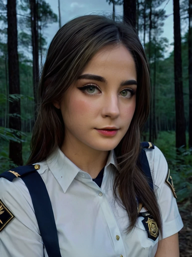 a beautiful picture of st4ryuukiXL, detailed skin texture,masterpiece, photorealistic, woman, 4k, light, RAW color photo,(fully in frame:1.1), (goosebumps:0.5),brunette, detailed face,wearing a uniform,night,forest,subtle smile,high contrast, full body, leaning over looking at camera