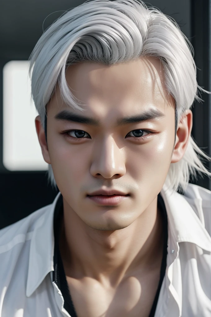 A realistic photo of Hwang Hyun-jin with white hair and gray eyes
