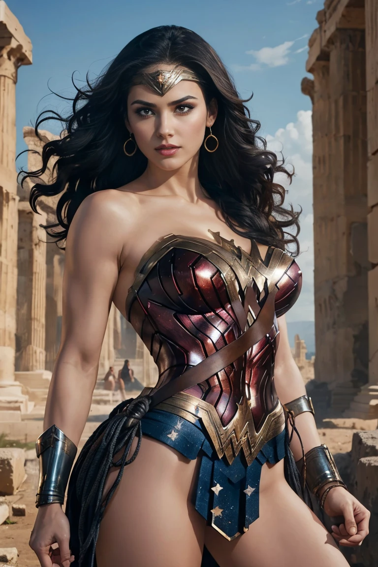 Art image of Laura Marano as Wonder Woman, busty, beautiful, black hair, large breasts, ancient Athens background, by Louis Royo, Boris Vallejo, Frank Frazetta, extreme focus, sharp details, sexy, oily skin, sexy, naughty, dynamic pose