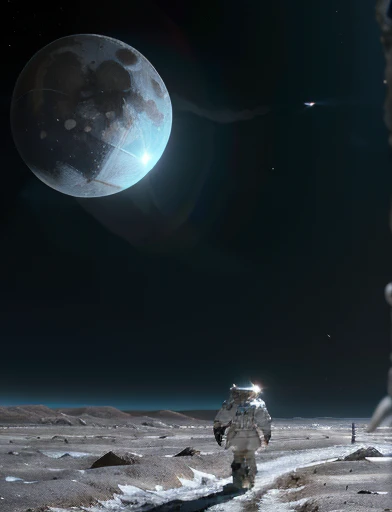 gigantic snowy icy white moon Europa on the surface . In the background immense galaxy and nebulae. Astronaut in space suit is walking on the icy desert surface of the moon Europa. In the scenario there are immense frozen mountains. The soil and frozen environment, snow covered, icy storm