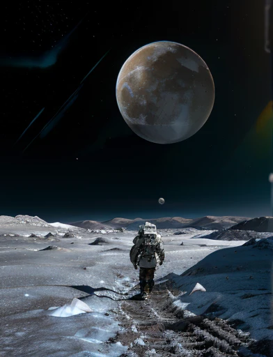  gigantic snowy icy white moon Europa on the surface . In the background immense galaxy and nebulae. Astronaut in space suit is walking on the icy desert surface of the moon Europa. In the scenario there are immense frozen mountains. The soil and frozen environment, snow covered, icy storm 