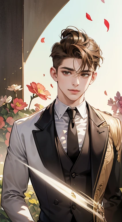 ((masterpiece)),(((best quality))), (detailed light) (detailed shadow), (high quality, breathtaking),(expressive eyes, perfect face), 1man, solo, male, tall, (mature), board shoulder, muscular, (((undercut hairstyle))), short brown hair, ((light brown eyes))), happy smiling face, black suit, white tie, oak tree background, flower petal flying, windy, look at viewer,