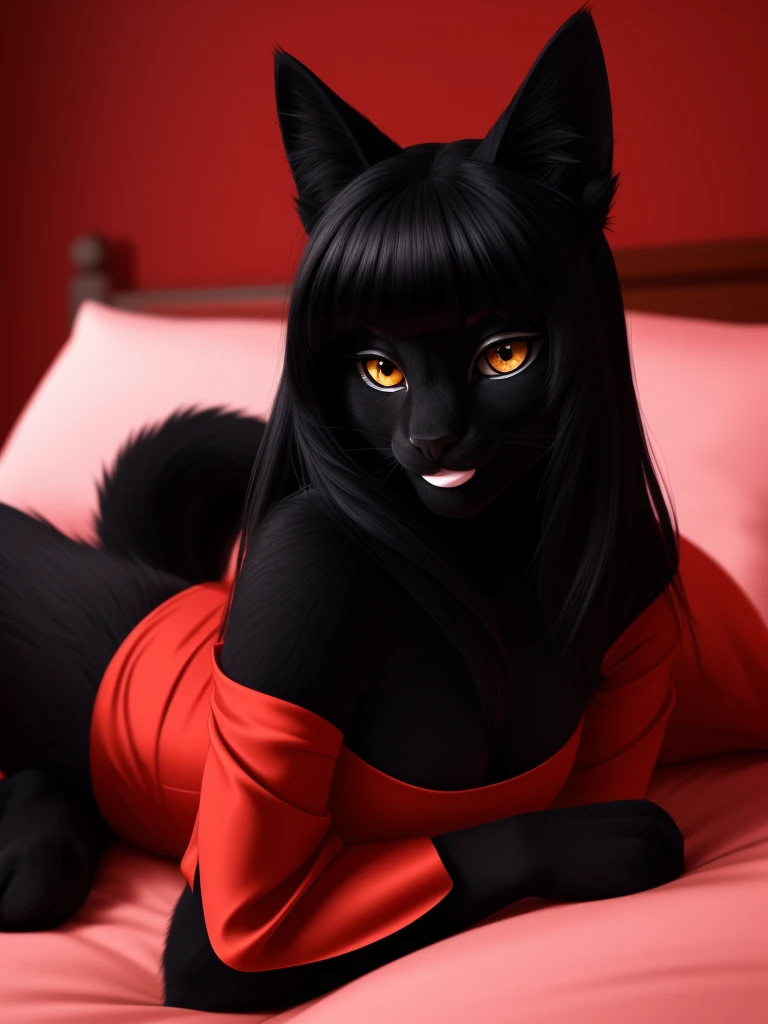 Sexy Posing, Female, 30 years old, cute, eyeliner, long hair, biting lip smile, red dress, bedroom eyes, anthro, cat ears, (black fur:1.5),cat, bedroom background, 8k, hi res, (best quality, masterpiece), amber eyes, lying in bed, cat tail