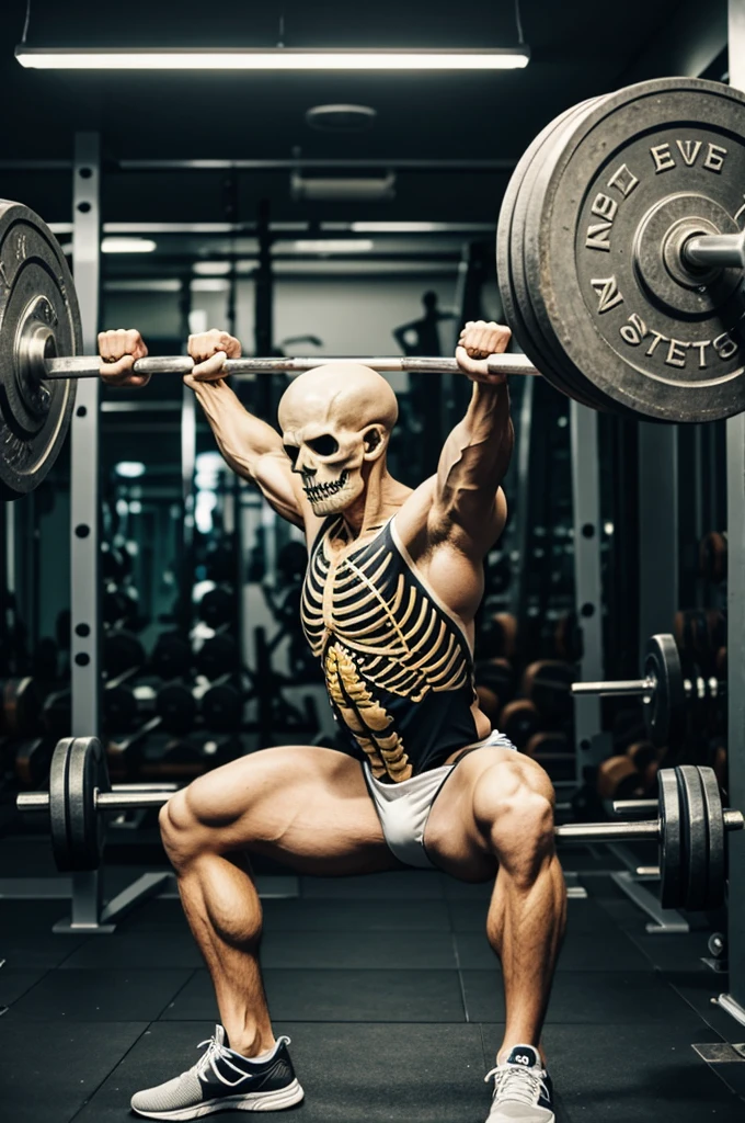 Skeleton lifting weights in a gym