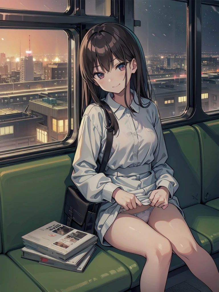 (1) sitting alone on a long train seat,Sit with your legs apart,Showing white panties, Composition from the front,Low Angle,
(2) I'There is a JK, She is wearing a miniskirt uniform, Sailor suit and loose socks.,
(3) I have medium length brown hair,
(4) Provocative, smirking expression.,
(5) The location is a long seat on the Yamanote Line at night..,There are no other customers,The view outside the window is the night view of the city.