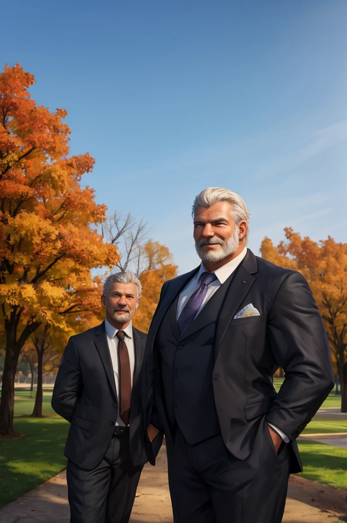 (best quality,4k,8k,highres,masterpiece:1.2),ultra-detailed,(realistic,photorealistic,photo-realistic:1.37),dramatic lighting,chiaroscuro,atmospheric,moody,cinematica, muscular old man in park, happy, autumn, suits, formal suits, bokeh, smile, huge and muscular,thick arms,short hair,white hair,