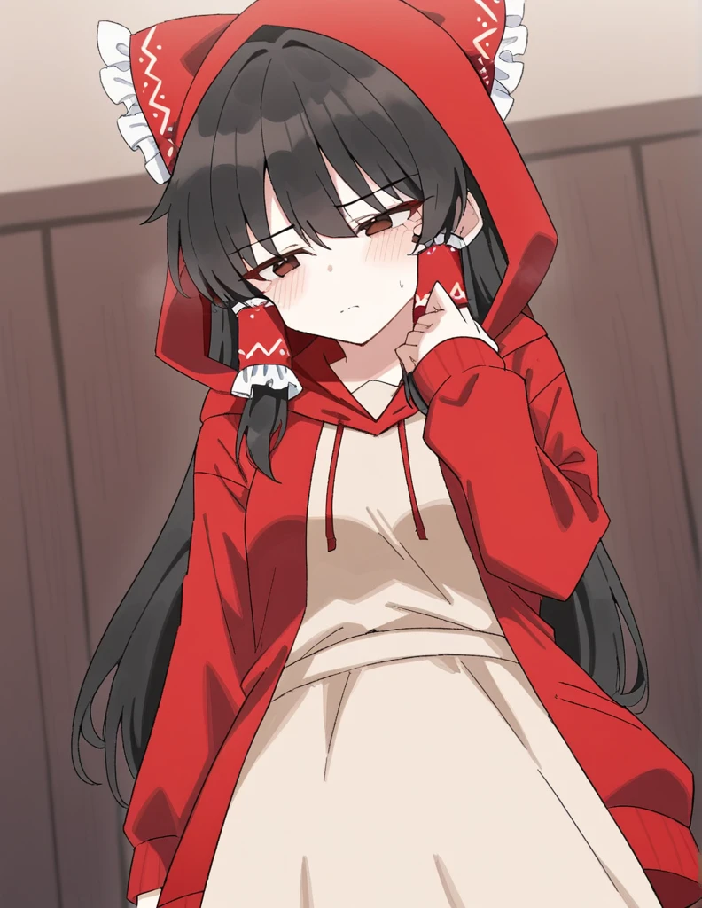 Girl, medium-length black haired, brown eyes, tired expression, red hoodie, airheaded, black sword, beige dress underneath the red hoodie as Reimu Hakurei