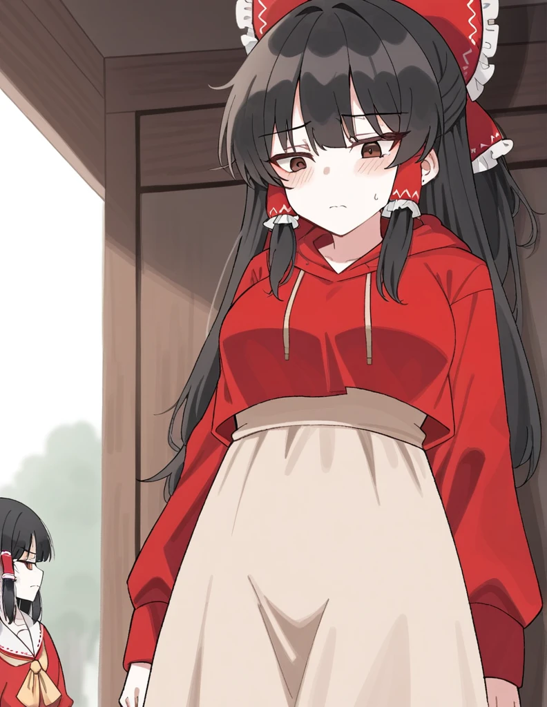 Girl, medium-length black haired, brown eyes, tired expression, red hoodie, airheaded, black sword, beige dress underneath the red hoodie as Reimu Hakurei