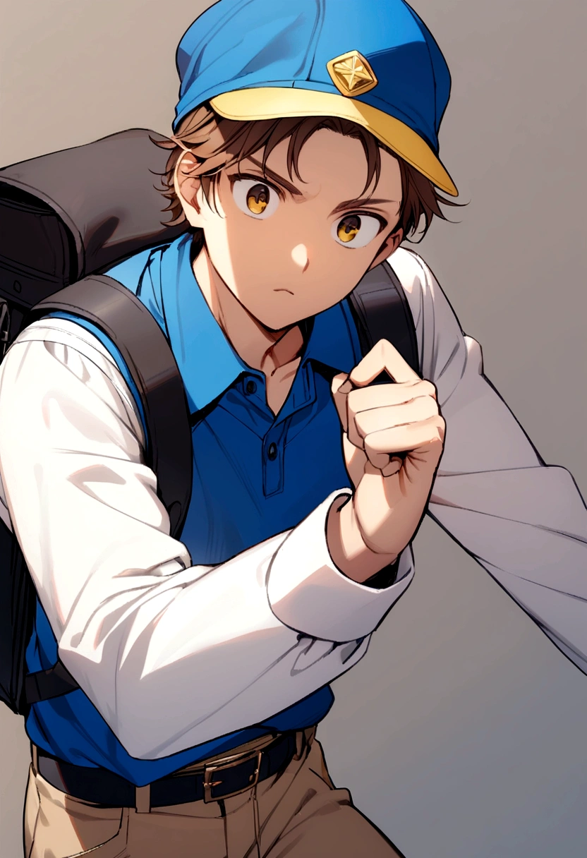 Brown haired boy, blue polo shirt, white sleeves, blue and yellow cap. black backpack, black belt.