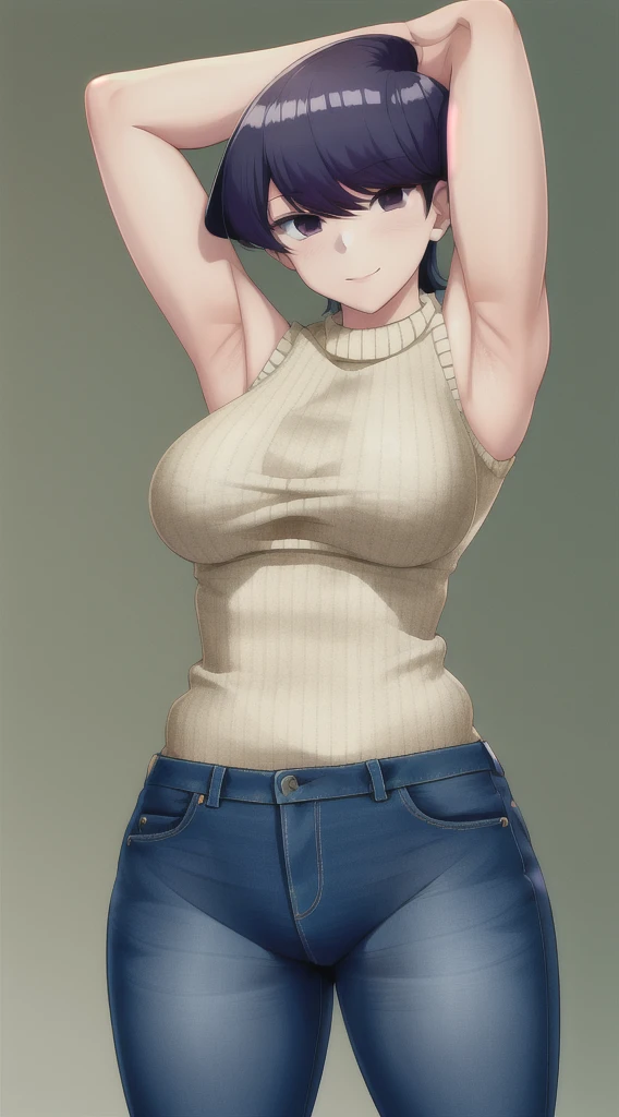 pixel-Komi-Shuuko, 1girl, solo, knitted sweater, tight jeans , masterpiece, best quality , sleeveless, arms up, armpits visible