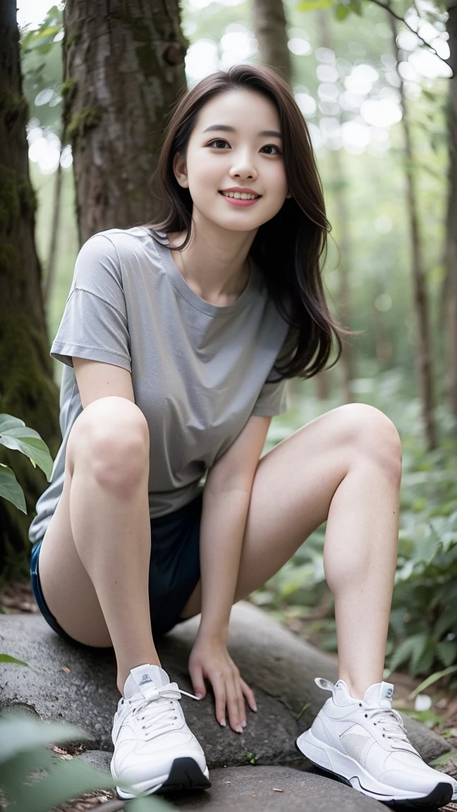 masterpiece, best quality, Surreal, Ultra Detailed, 8k resolution, RAW photos, Clear focus, (A girl in the forest), ((light gray shirt:1.1)), Short sleeve, sports Shorts,Full body posture, Solitary, Perfect body, Become a, 32 inches in the chest,(a charming smile:1), (sexy pose),26 years old, light,White shoes