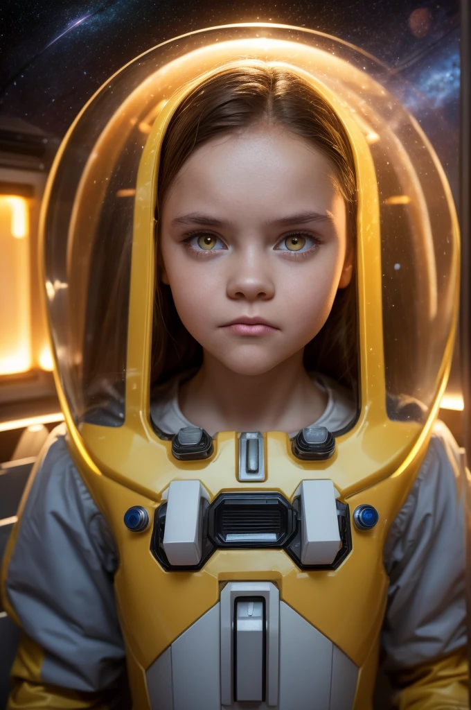 (***********, ************, Brown hair, photorealistic, pale skin), (smile with teeth:0.3), (yellow (eyes:1.2)), (slim build:1.3), (fantasy space suit), beautiful face, symmetrical face, greg rutkowski, Wlop and Sam Kuvshinov, (wide), blonde eyelashes, large iris, large pupil, whole body, floating at the bottom of the cosmodrome, art station, 8k, Science fiction, pastel colours, accessories, panel, concept, futuristic, grumble, simon stalenhag, space, in outer space, a spaceship in the sky, technological blocks