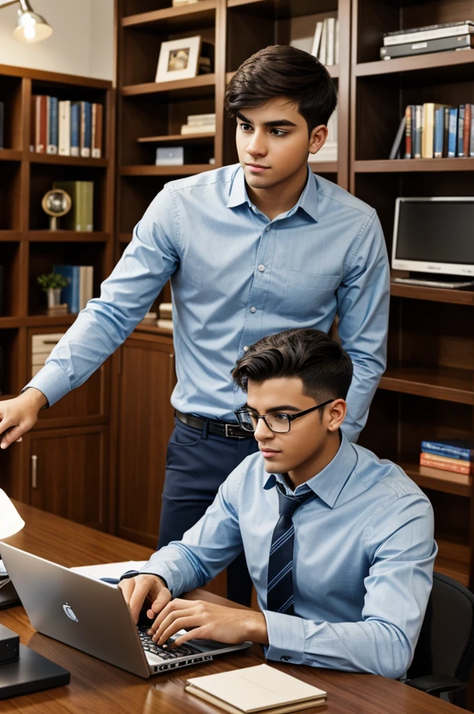 characters: Young man working.
	• Description: Focused on your computer.
	• Era: present.
	• Outfit: Casual.
	• Place: Desk in an office.
	• Action: Typing on your computer.
	• Fund: Shelves with books and prizes.
	• Plan type: foreground.
	• Style: realistic photography.