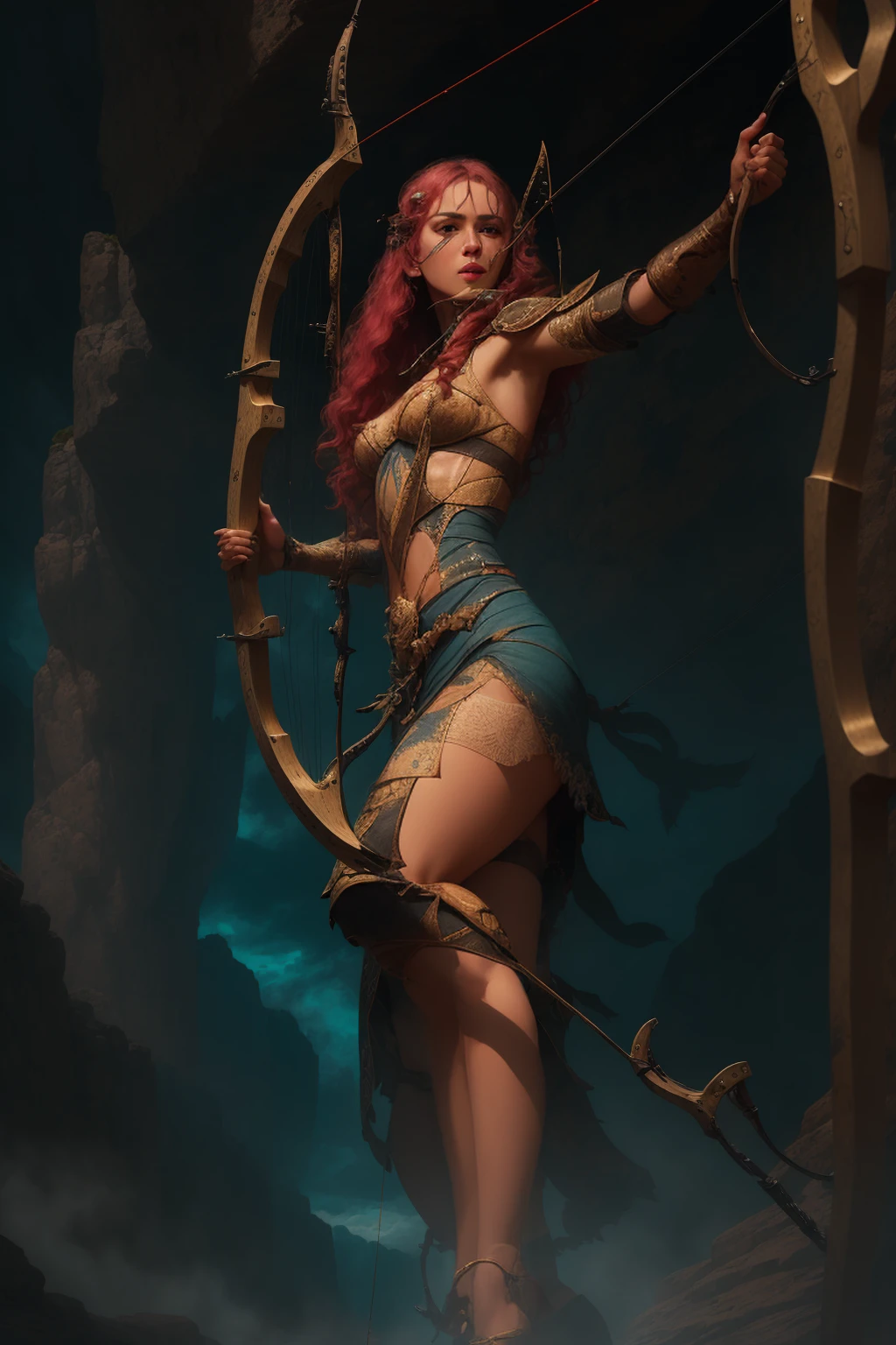 ((1girl, dynamic pose archer, detailed archery pose:1.5)), intricate bow, dramatic motion, striking silhouette, flowing hair, intense focus, muscular physique, realistic skin texture, high quality, 8k, cinematic lighting, dramatic shadows, warm color tones, vibrant colors, fantasy landscape background, lush greenery, rocky cliff, dramatic sky, dynamic action, impactful composition, masterpiece, photorealistic, hyper detailed
