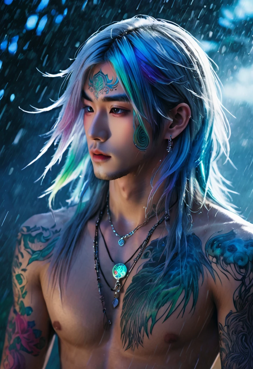 An ethereal sultryseductivedemonic 20 year old anime male druid with metallic long hair and tattoos, delicate masterpiece intimate glowing neon tattoos, anime druid demon male hellscape at night, manga inspired by Masashi Wakui, rainbow color palette, atmospheric fog, decay, worn textures, rain-soaked fantasy village, manga-style illustration --s 150 --ar 1:2 --c 5 Removed From Image