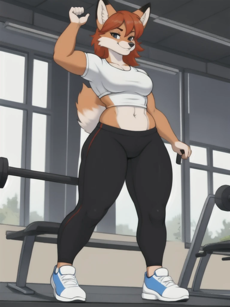 Furry, fox, female, white shirt, black leggings, shoes, gym, teen, standing, full body