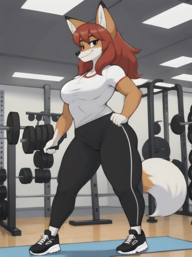 Furry, fox, female, white shirt, black leggings, shoes, gym, , standing, full body