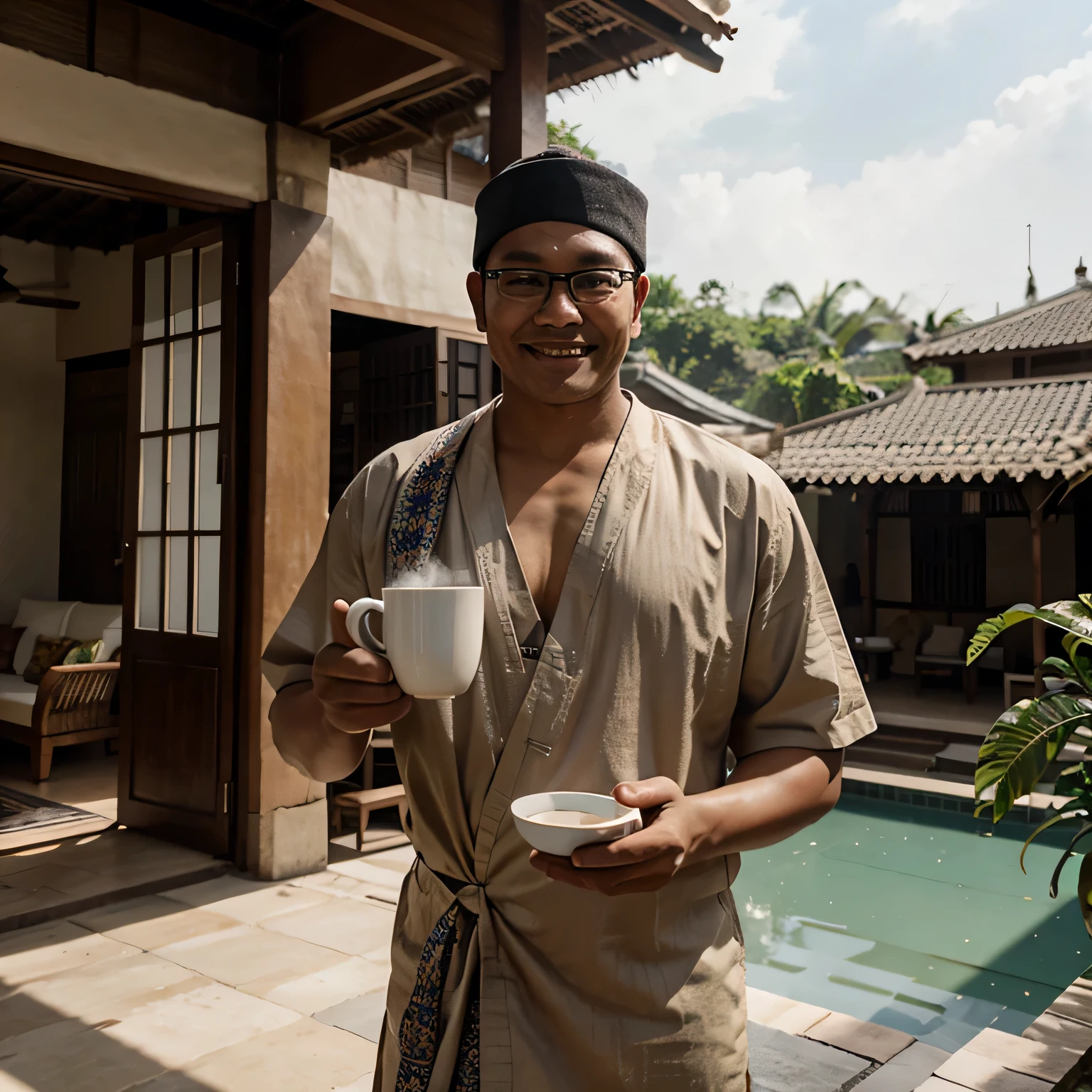 Photo hyperrealistic, Indonesian man, wearing glasses, slightly fat, in front of the terrace of the house, happy smile expression, holding a cup of coffee emitting steam, wearing a blangkon on his head, wearing a batik sarong, in a typical Javanese house, realistic, cinematic. UHD,