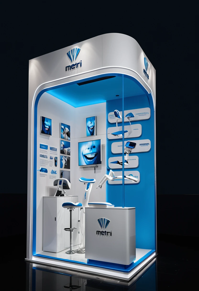 A large exhibition stand for the "metrii" brand in white and blue colors, featuring dental chairs, digital screens displaying teeth images, dental instruments on display shelves, LED lighting with a logo of an "axe shape", modern design, white background, high resolution, professional photography, studio light, HDR, 30K sharp focus, hyperrealistic, intricate details, detailed textures in the style of a hyperrealistic photography.