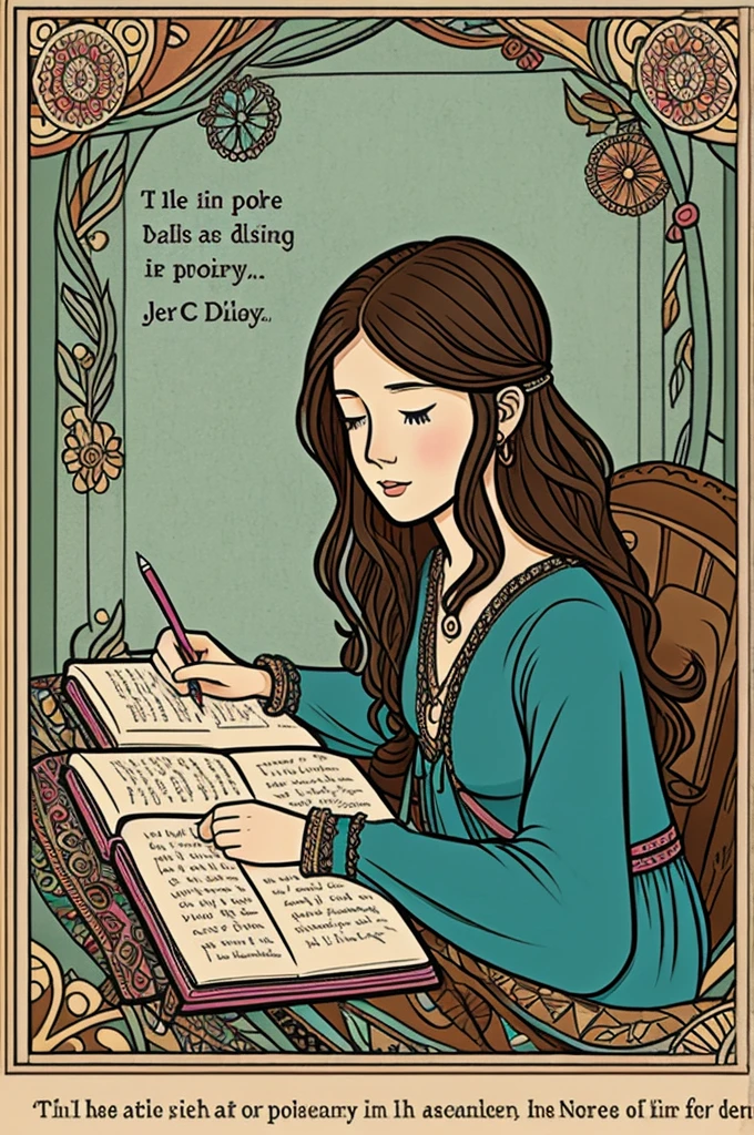 Boho cartoon of a woman writing poems in her diary very inspiring
