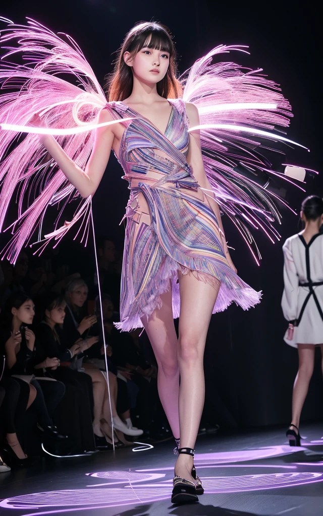 Electric Fashion: Electrically emitting materials and dynamic designs。Dresses that emit light throughout the costume、Fabric with moving electrical patterns。Visually impactful design。The background is the gorgeous runway of Paris Fashion Week。 