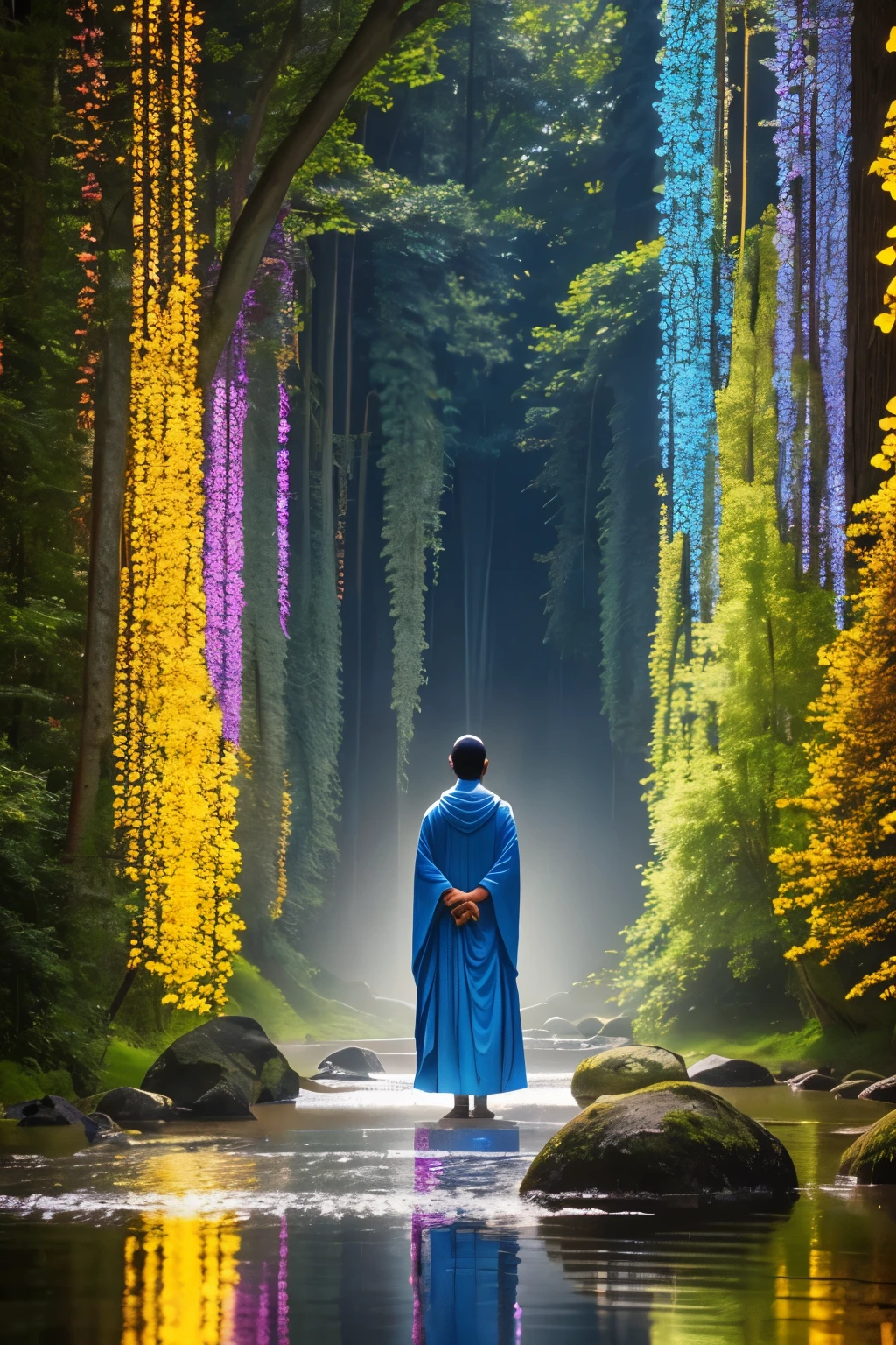 A serene and ethereal image capturing the interplay of mind, spirit, and emotion. A solitary figure stands centrally, bathed in a soft, luminous aura, with their head illuminated to symbolize the mind. The heart area glows warm and golden, reflecting inner emotions. A delicate, glowing filament links these two lights, merging with a larger, radiant aura surrounding the entire figure, symbolizing the soul. The backdrop blends harmonious hues, showcasing the beauty of nature with blooming flowers, flowing water, and a gentle breeze, fostering a sense of tranquility and unity --s2 (Shot with Sony A7