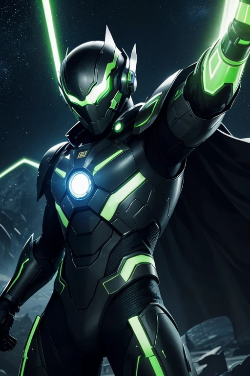 This image is a digital painting of a hero in a futuristic setting. The hero is wearing a metallic suit with glowing yellow eyes and a glowing green light on his chest. The hero has his hands raised in the air, as if he were in the middle of a battle or carrying out some type of action. The background is dark and there are some stars and planets visible in the distance. The general mood of the image is intense and futuristic. Hero based on the Japanese series Jaspion.