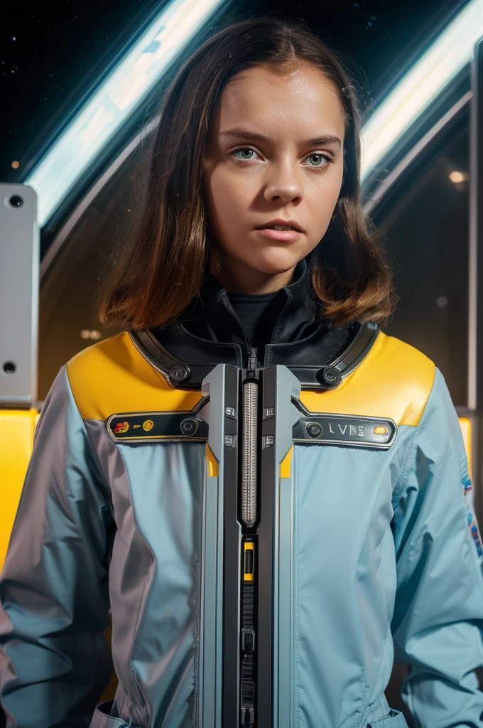 (***********, ************, Brown hair, photorealistic, pale skin), (yellow (eyes:1.2)), (slim build:1.3), (fantasy space suit), beautiful face, symmetrical face, greg rutkowski, Wlop and Sam Kuvshinov, (wide), blonde eyelashes, large iris, large pupil, whole body, standing at the bottom of the cosmodrome, art station, 8k, Science fiction, pastel colours, accessories, panel, concept, futuristic, grumble, simon stalenhag, space, in outer space, a spaceship in the sky, technological blocks