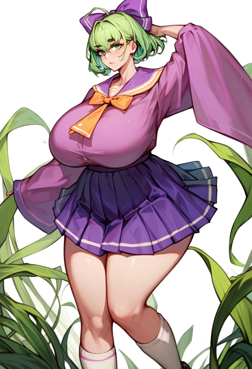 Fraction_9，Fraction_8_direction_7_direction_6_direction_5_direction_4_up，Green short hair，Green Eyes，Tie a bow at the back of your head，Purple and sailor collar，Striped sailor suit，Blue pleated skirt，White socks，leather shoes，Bean eyebrows，Wide hips，Thick thighs，Huge breasts，Huge ass，There is a bow at the back of the hair，Hair between the eyes，Sexy，Cute girl，Green Hair，Everlasting，Positive appearance，Break，Long barrel socks，fat，Japanese Anime，long sleeve clothes，Purple striped clothes