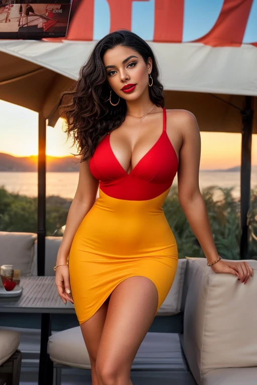 Image in 8k or higher of a beautiful Spanish brunette with curly black hair, full body ,warm smile with beautiful red lipstick.cinematic light, sexy red and yellow bodycon dress, attractive, pose sexy , summer sunset 🤬 🤮 💕, reading a magazine, piernas attractives