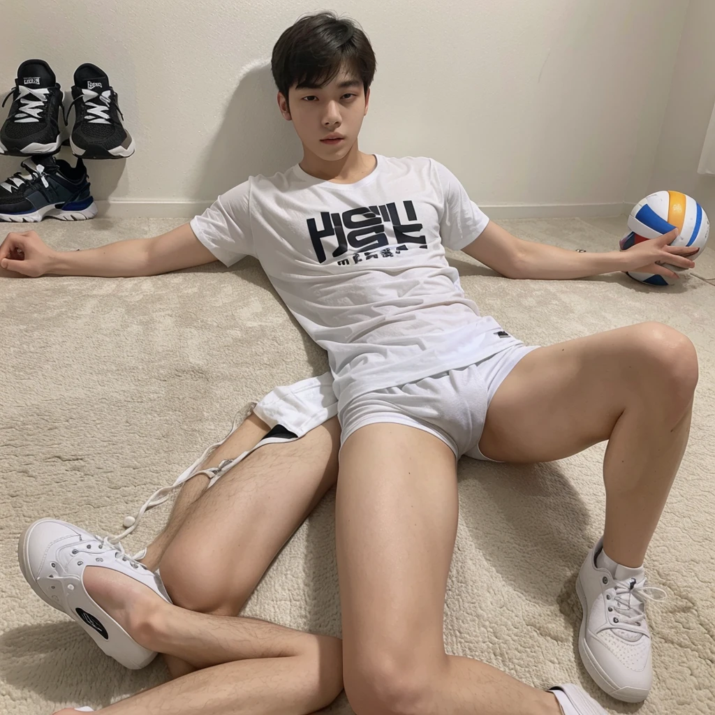 clothes: Wearing a white t-shirt, skinny, white volleyball shorts,bigger Phallus. shoes: wearing black shoes. situation: Handsome korea young man as Is lying down in home page. (Full body shot)