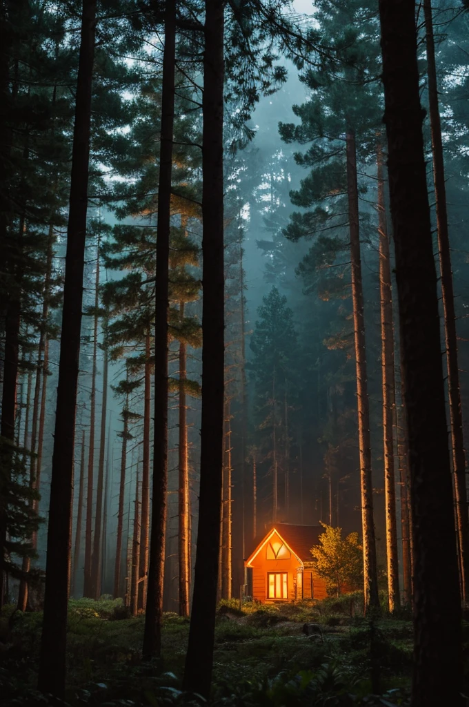 A picture of the faint orange light of a house deep in the forest.