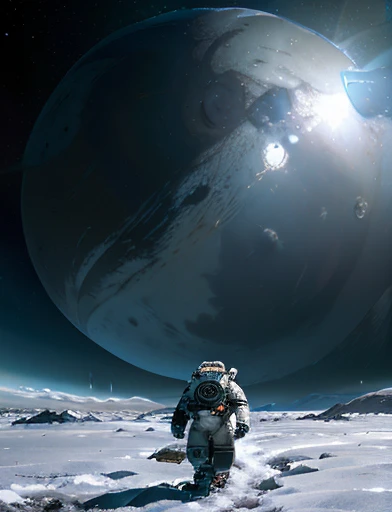 gigantic snowy icy white moon Europa on the surface . In the background immense galaxy and nebulae. Astronaut in space suit is walking on the icy desert surface of the moon Europa. In the scenario there are immense frozen mountains. The soil and frozen environment, snow covered, icy storm , (((In the image you can see a humanoid polar bear))).