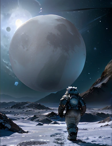 gigantic snowy icy white moon Europa on the surface . In the background immense galaxy and nebulae. Astronaut in space suit is walking on the icy desert surface of the moon Europa. In the scenario there are immense frozen mountains. The soil and frozen environment, snow covered, icy storm , (((In the image you can see a humanoid polar bear))).