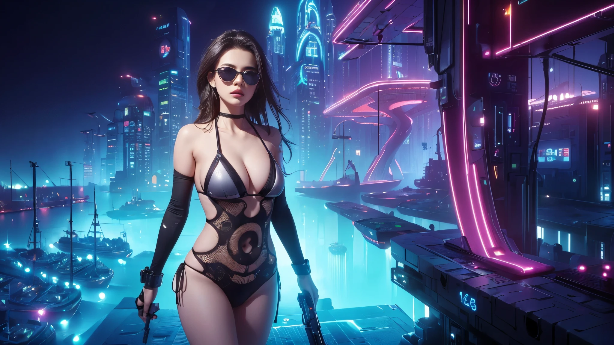 (((a medium-breast bikini slim GIRL with black (micro) sunglasses))), (((((aiming at viewer with a pistol))))), a balcony of a futuristic building, aerial view of an ultra-futuristic megalopolis, metal buildings and houses in dark colors from dark blue to black, shades of metal gray, smoky metal structures, industrial environment with smoke and fog around, dark cars on the streets, desert megalopolis, modern metal rails and trains passing through, tall futuristic metal buildings, ultra modern buildings, (((((futuristic harbour))))), realistic, detailed, sci-fi.
