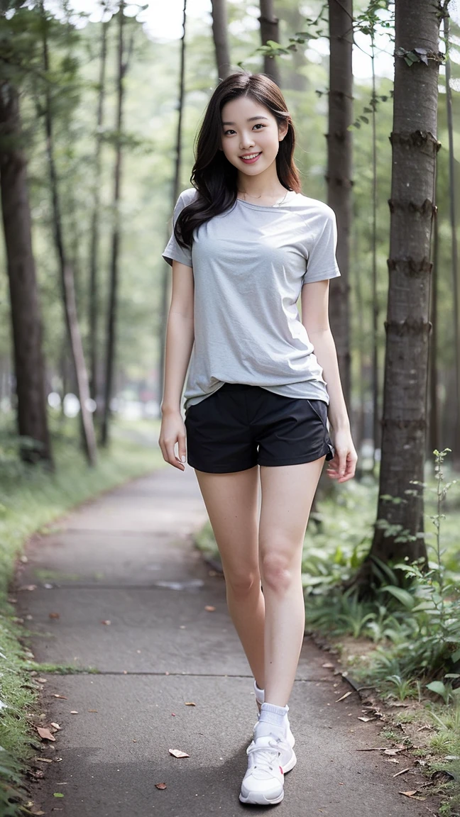 masterpiece, best quality, Surreal, Ultra Detailed, 8k resolution, RAW photos, Clear focus, (A girl in the forest), ((light gray shirt:1.1)), Short sleeve, sports Shorts,Full body posture, Solitary, Perfect body, Become a, 32 inches in the chest,(a charming smile:1), (sexy pose),26 years old, light,White shoes