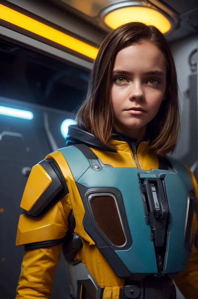 (***********, ************, Brown hair, photorealistic, pale skin), (yellow (eyes:1.2)), (slim build:1.3), (fantasy space suit), beautiful face, symmetrical face, greg rutkowski, Wlop and Sam Kuvshinov, (wide), blonde eyelashes, large iris, large pupil, whole body, standing at the bottom of the cosmodrome, art station, 8k, Science fiction, pastel colours, accessories, panel, concept, futuristic, grumble, simon stalenhag, space, in outer space, a spaceship in the sky, technological blocks