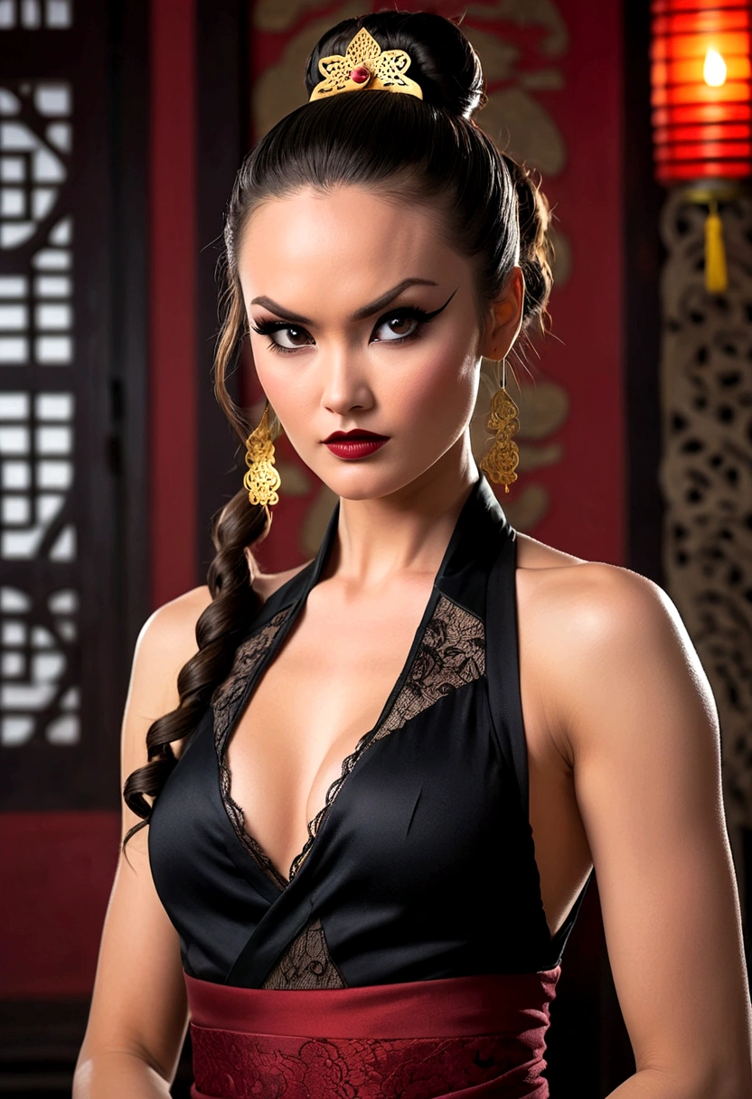 Tori Black asian ninja warrior holding sharp hairpins, ringlets wavy five feet long black hair, updo hairstyle with ponytail on one side and long hairpins holding the bun, dark red glossy lips, heavy black eye shadow long black eyeliner, long sharp nails, black lace beautiful and creative sleeveless ninja warrior bodysuit, huge cleavage, forehead lace ornament, posing in a Shaolin temple interior, happy expression, dark ambience night time candle lights. No faces on her chest!