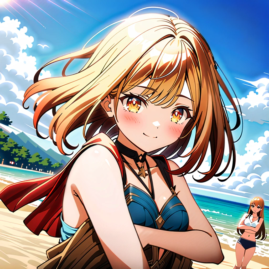 ryza, Klaudia, in swimsuits, hugging, close friendship, beach setting, (masterpiece: 2), best quality, ultra highres, original, extremely detailed, perfect lighting, (anime style), (vibrant colors), (soft sunlight), (detailed water), (happy expressions), (splashing water), (summer atmosphere), (warm colors), (detailed costumes), (clear blue sky), (gentle waves), (playful mood)