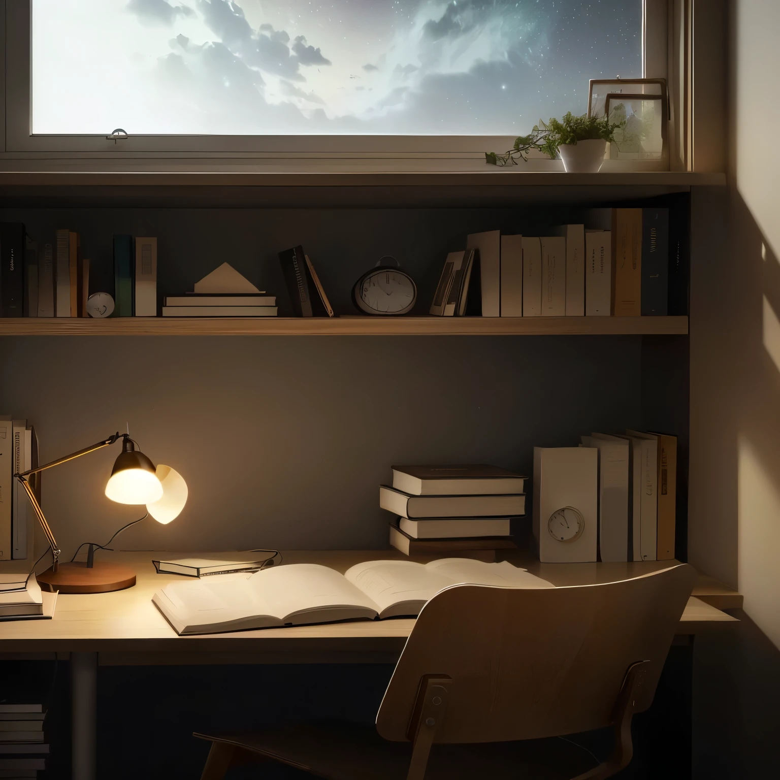 there is a table with a lamp and a book on it, elegant study e bem iluminado, oled lights in the corners, wooden desks with books, studying in the room, elegant study, Minimalist home office, small and cozy student room, slanted lighting from window, personal room background, studying in a well-lit room, soft ambient lighting, Hyper-realistic lighting