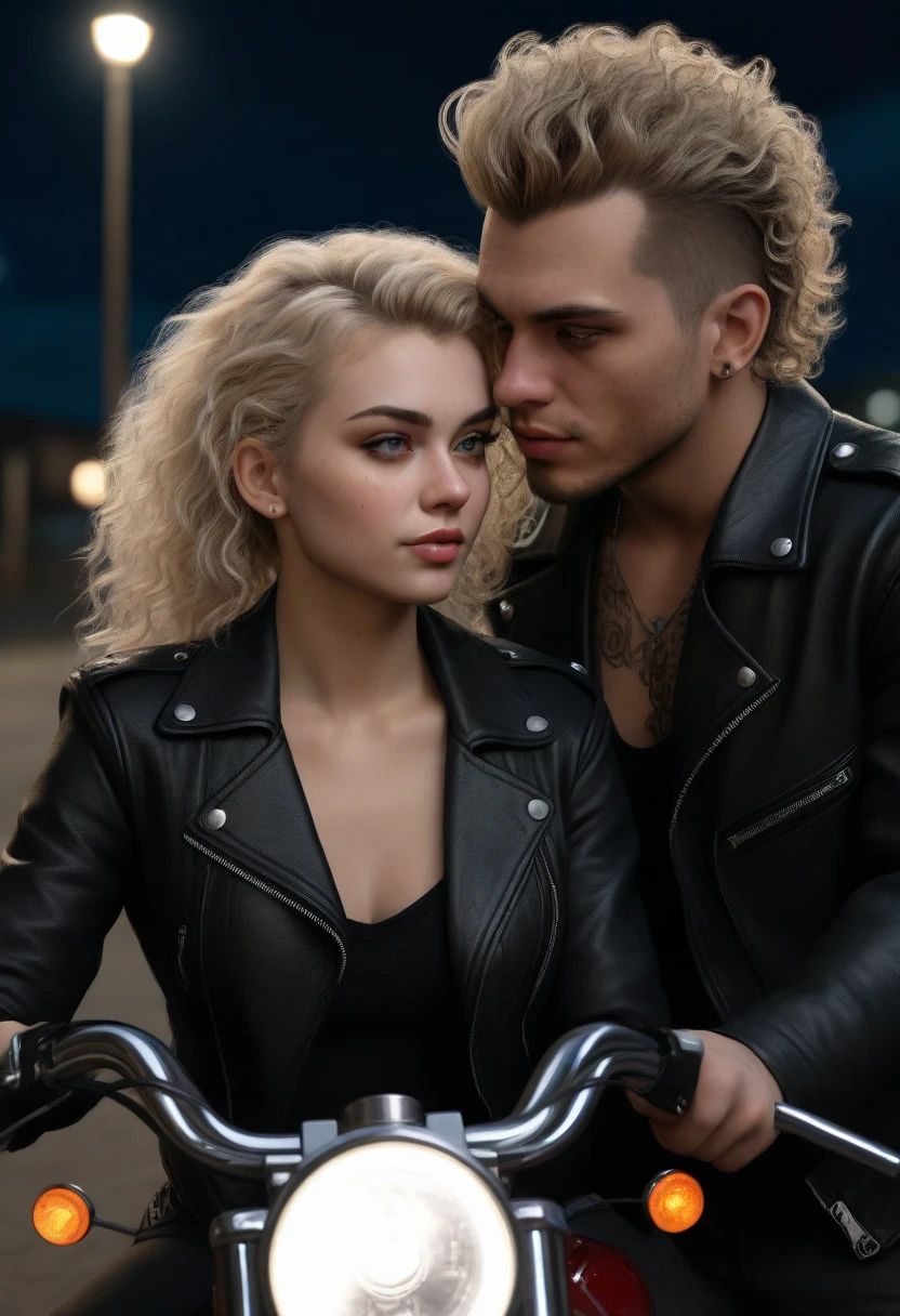 8 k, Best quality, masterpiece, Ultra high resolution, (Realism: 1.4), original photo, (realistic skin texture: 1.3), (Granularity: 1.3), girl and guy dark style punks couple in love couple on a motorcycle facial details, masterpiece, Best quality, (((I look at the viewer))) night girl blonde arena with curly hair