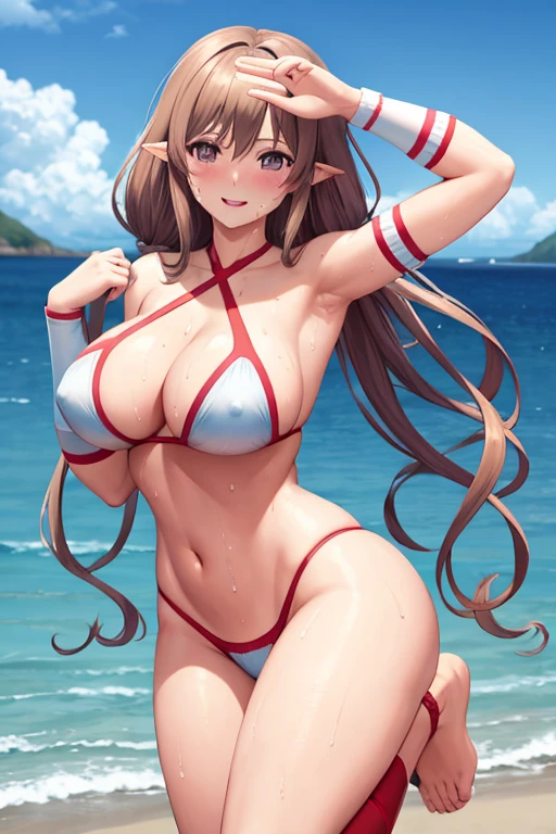 masterpiece, best quality, beautiful art, high resolution, well formed hands, body and fingers, 1 woman, solo, Rinna Mayfield, grown up, adult, large and round breasted, cleavage, hair ornament, wearing a Tyris Flare outfit, full body, sexy and skimpy bikini, gorgeous legs and thighs, pelvic curtain,doing exercise, warming up, working out, sexy and captivating training, smiling joyfully and happily , looking at the viewer, panties peek, sweating , bouncing breasts, t back thong, training montage session, beach environment