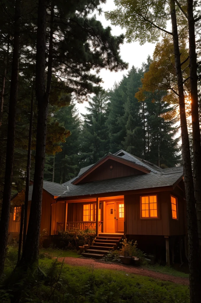 A picture of the faint orange light of a house deep in the forest.