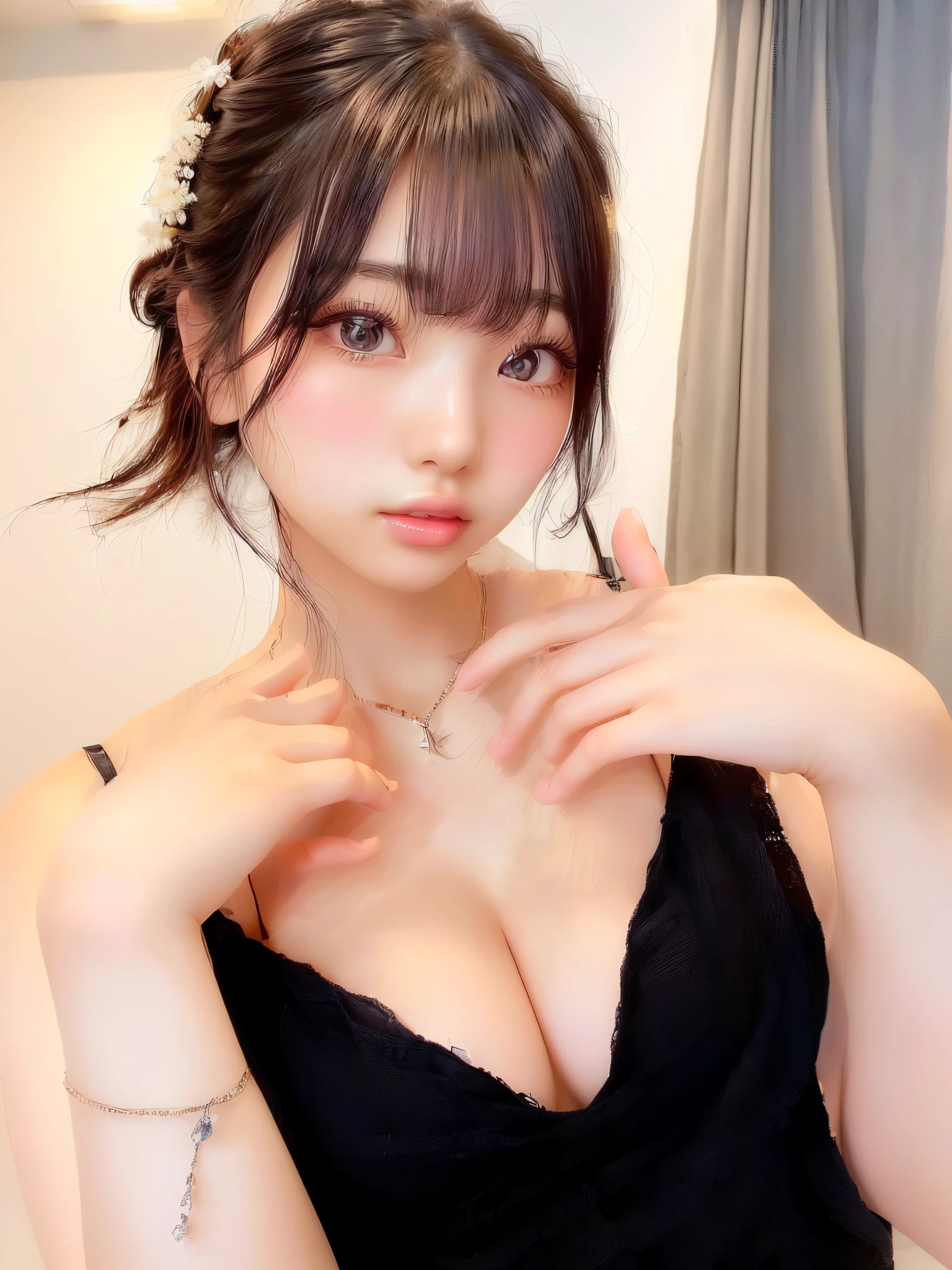 A woman in a black dress posing for a photo, Yoshitomo Nara, Girl cute beautiful face, sakimichan, shikamimi, Chiho, sakimi chan, Realistic young gravure idol, Kotegawa Yui, Hole in the Motto, Cute Core, Young and cute gravure idol