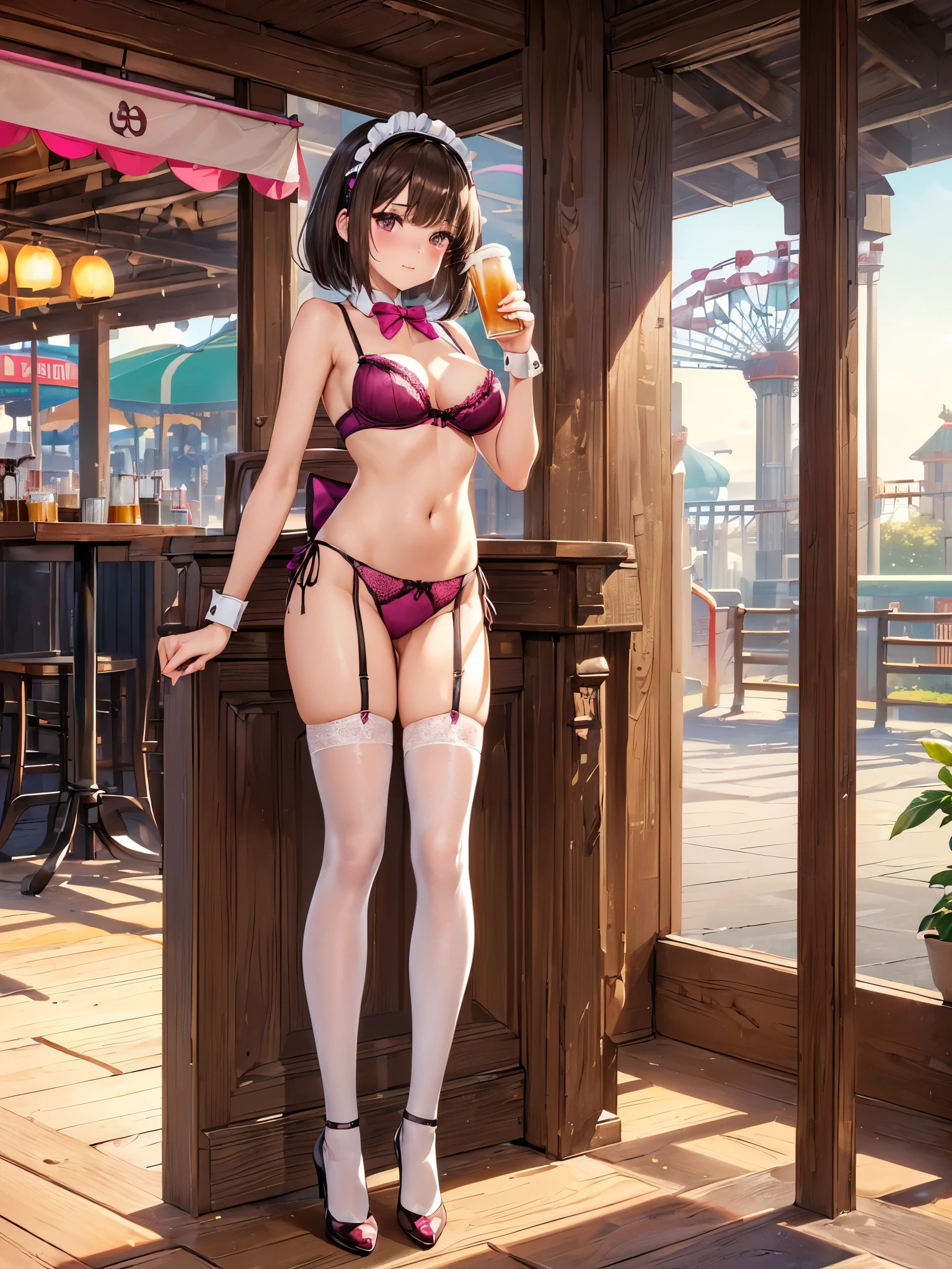(((masterpiece, Highest quality, High resolution, 超High resolution, Perfect Pixel, Depth of written boundary, 4K, RTTX 10.0))), Beautiful Anime Women, Beautiful art style, Anime characters, ((Smooth texture, Realistic texture, Anime CG Style)), Exact finger count、Exact number of legs、(Exact number of arms:1.0, Exact number of hands:1.0), (Perfect hands, Perfect Anatomy), Cinematic, Realistic, Extremely detailed CG, Daytime lighting, Perfect lighting, Best Shadow, The best natural light, whole body, Perfect body, バランのとれたPerfect body, Perfectly balanced style, (Slender body:1.2), ((Long Hair, bangs, Dark brown hair, Stylish hairstyle, Bobcut)), ((One cute woman is carrying a drink in a sexy way:1.6)), ((Bow tie around neck, High heels:1.3), (Sexy and cute magenta underwear:1.3), (Stylish shiny magenta satin panties, Side-tie panties, Panties with lace trim:1.3), (Thin panties:1.3), (Magenta Micro Lace Satin Bra, Thin bra:1.3), (garter belt, Knee socks:1.3):1.3), (beautiful and very large breasts:1.2), Feeling embarrassed, (blush:1.2), (Very embarrassed look:1.4), (Stylish beer hall, amusement park, Carry drinks, A busy store, Chair, table, Outdoor:1.3), naked, In underwear, Waitress in underwear, (Maid Headband:1.2), whole body, Angle from the front