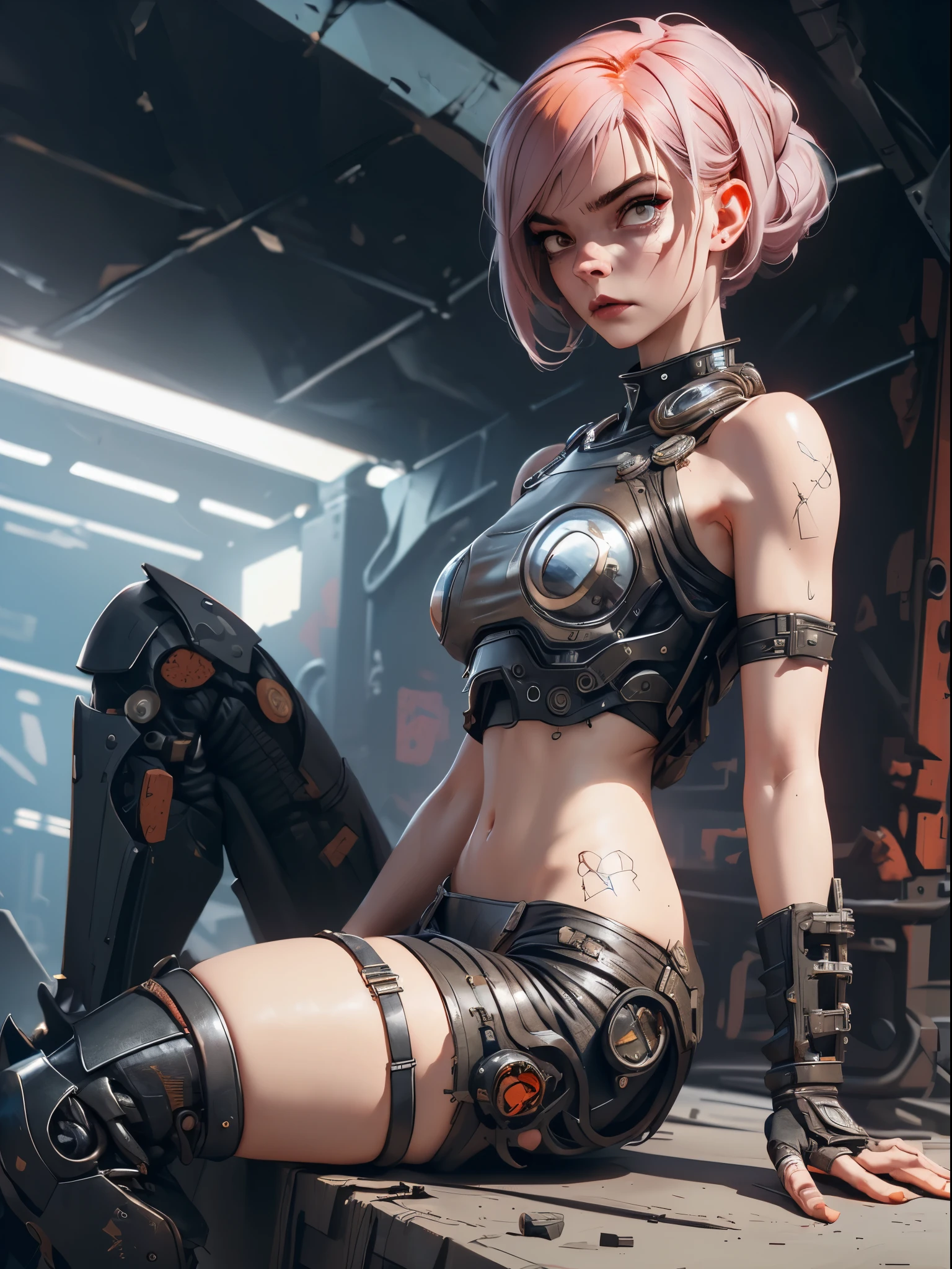 A highly detailed and realistic skull girl,( Anya. Taylor Joy) cyberpunk character, mad max furiosa, one hand robot, cyborg arm, orange hair, dramatic metal heavy rock theme, best quality, 8k, hyperrealistic, photorealistic, extreme detailed painting, studio lighting, vivid colors, dark moody atmosphere, cinematic, dramatic pose, intricate mechanical details, glowing energy effects, intense gritty textures, seamless integration of organic and inorganic elements. Wearing the used clothes of a wastelander. Background: An apocalyptic wasteland. Dusty and depressing.