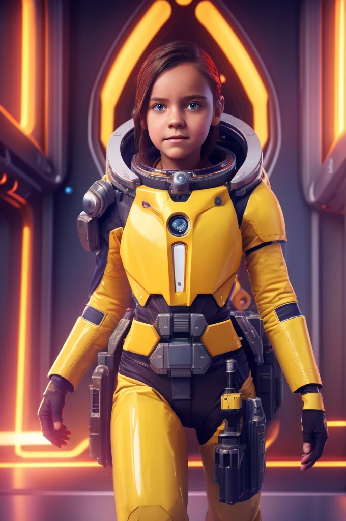 (***********, ************, Brown hair, photorealistic, pale skin), (smile with teeth:0.3), (yellow (eyes:1.2)), (slim build:1.3), (fantasy space suit), beautiful face, symmetrical face, greg rutkowski, Wlop and Sam Kuvshinov, (wide), blonde eyelashes, large iris, large pupil, whole body, floating at the bottom of the cosmodrome, art station, 8k, Science fiction, pastel colours, accessories, panel, concept, futuristic, grumble, simon stalenhag, space, in outer space, a spaceship in the sky, technological blocks